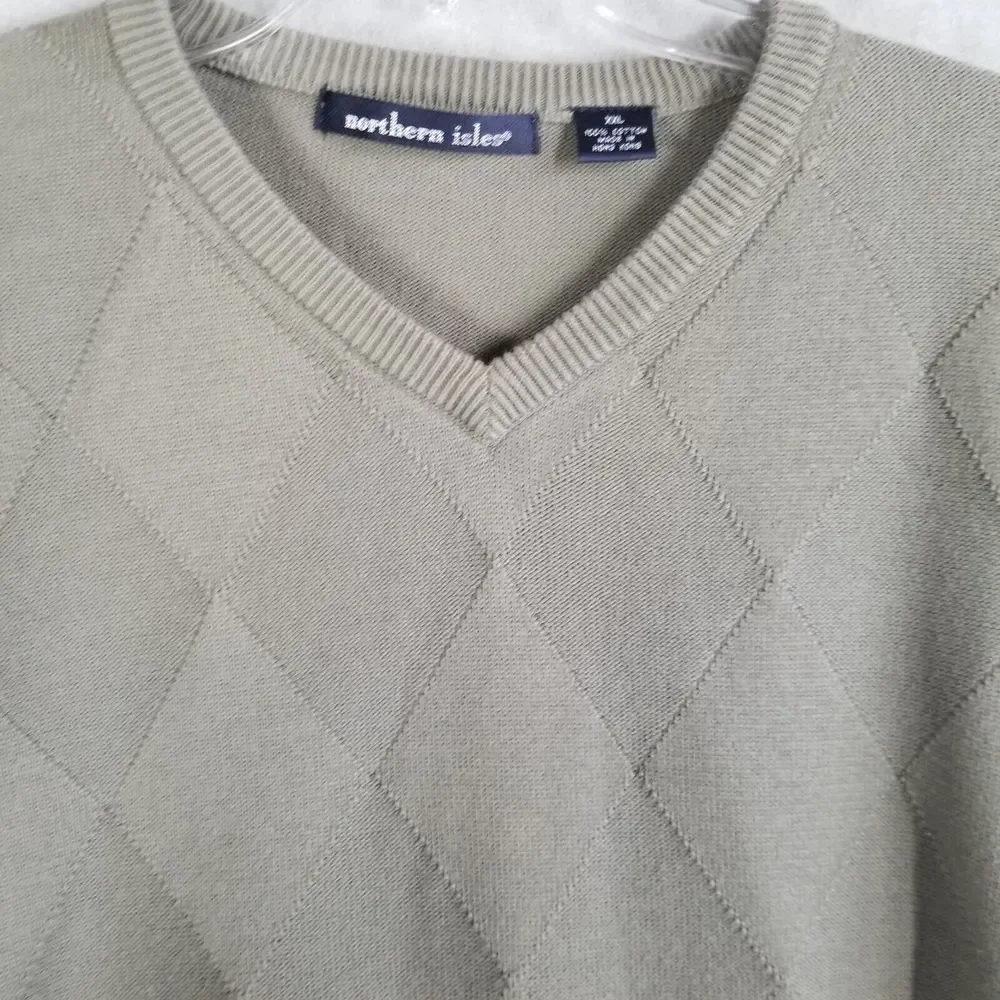 Vintage Northern Isles Men's 2XL Sweater Olive Green V-Neck‎ Argyle Textured